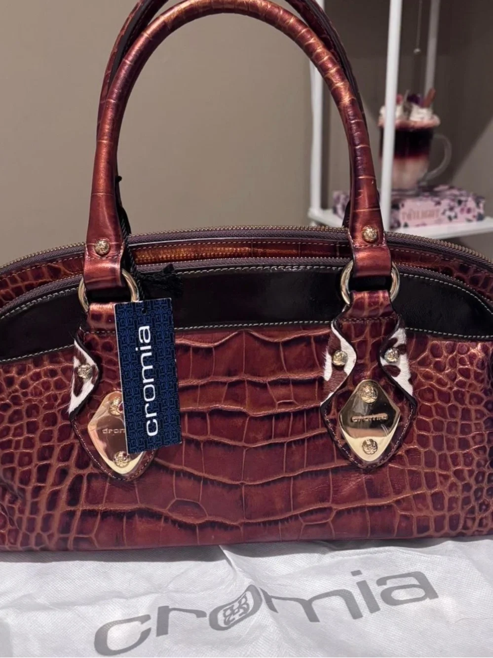 Cromia  Chestnut Croc-Embossed Satchel with Dark Trim and calf hair sides